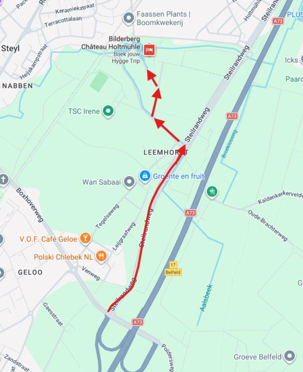 Kaart met de aangepaste aanrijroute vanaf afrit Belfeld naar Château Holtmühle